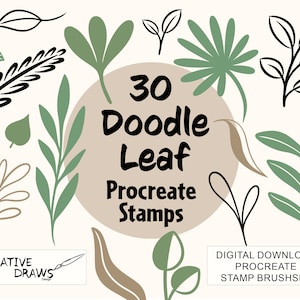 Doodle Leaf Procreate Stamps, Brush Pack Digital Download