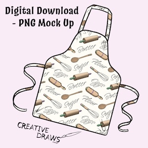 May include: A white apron with a black outline and a pattern of rolling pins, whisks, spoons, and the words "Butter", "Sugar", "Flour", and "Eggs".