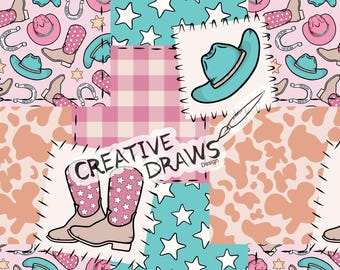 Pink Western Patchwork Seamless Pattern, Digital Repeat Pattern for Personal and Commercial use