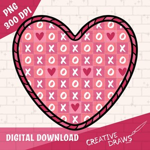 May include: A pink heart with a black outline and a pattern of pink and white squares with Xs and Os inside. The heart has a red border and a rope-like texture.