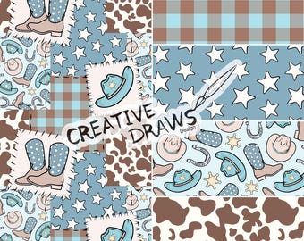 Western Patchwork Seamless Pattern Pack, Cowboy Repeat Digital Paper