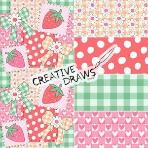 Könnte beinhalten: Ein Patchwork-Design mit Erdbeeren, Schleifen, Gänseblümchen, Tupfen, Vichy-Karo und Herzen in Rosa, Grün und Orange. Der Text "CREATIVE DRAWS Design" ist ebenfalls vorhanden.