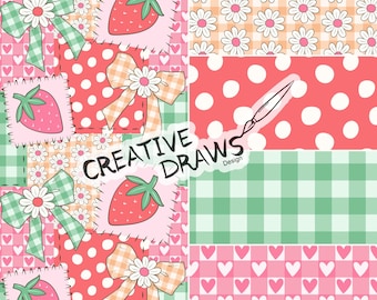 Strawberry Bow Patchwork Seamless Pattern Set, Floral Digital Paper Pack