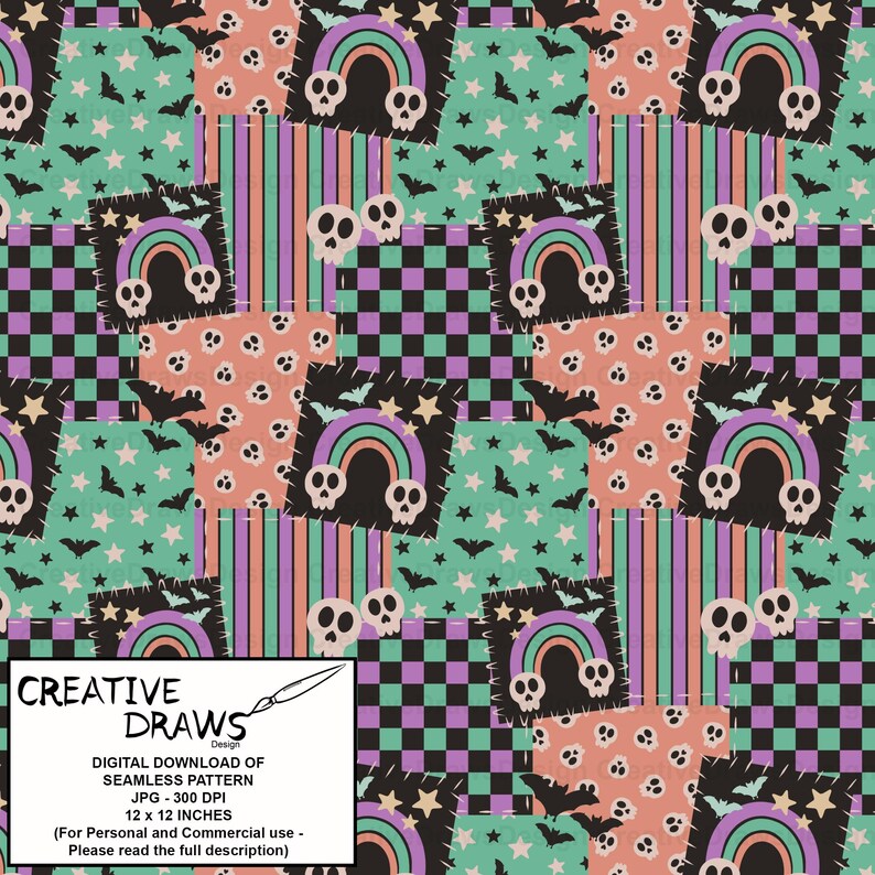 Puede incluir: Un patr&oacute;n digital sin costuras con un dise&ntilde;o de patchwork. Presenta calaveras, murci&eacute;lagos, arco&iacute;ris, estrellas y cuadrados a cuadros en negro, morado, verde azulado, melocot&oacute;n y blanco. El texto "CREATIVE DRAWS design" es visible.