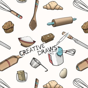 May include: A seamless pattern featuring various baking and kitchen tools, including a rolling pin, wooden spoon, whisk, measuring cup, egg, and a stand mixer. The pattern also includes a croissant, muffin, and a bar of brown sugar. The text "CREATIVE DRAWS Design" is also included in the pattern.