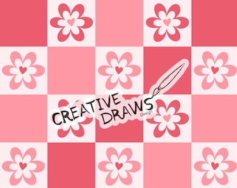 Heart Flower Checker Seamless Pattern, Valentine Repeat Digital Paper