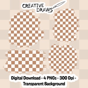 May include: Four digital grunge-style checkered brush strokes in brown and white. The brush strokes are on a transparent background. Digital Download - 4 PNGs - 300 Dpi - Transparent Background.