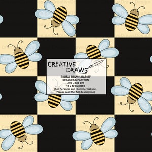 以下が含まれることがあります： 黒と白の市松模様の背景に、青色の羽根を持つ黄色と黒の蜂が描かれたシームレスパターン。画像の中央には「CREATIVE DRAWS」というテキストが書かれています。タイトルの下のテキストには、「デジタルダウンロードのシームレスパターン JPG - 300 DPI 12 x 12 インチ（個人および商業目的での使用 - 詳細については説明をお読みください）」と記載されています。