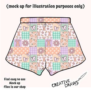 Op de afbeelding: Een digitale illustratie van een broek met een patchwork-ontwerp. De stof is een mix van pastelkleuren en bevat konijnen, vlinders, wortels en bloemen.