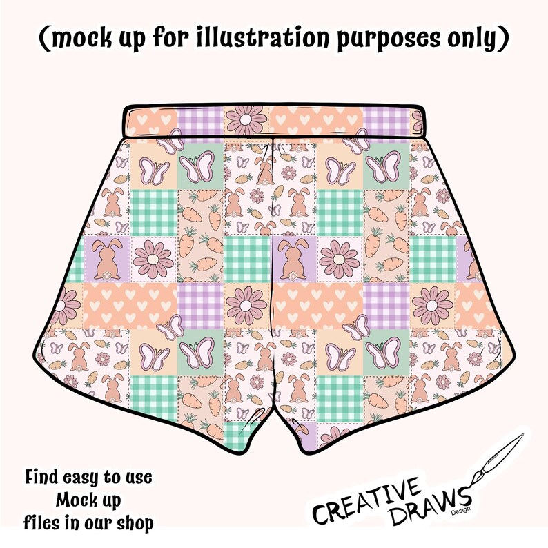 Op de afbeelding: Een digitale illustratie van een broek met een patchwork-ontwerp. De stof is een mix van pastelkleuren en bevat konijnen, vlinders, wortels en bloemen.