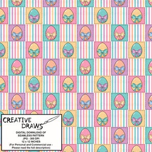 May include: A seamless pattern featuring pastel colored Easter eggs with bows on a striped background. The pattern is 12 inches by 12 inches and 300 DPI.