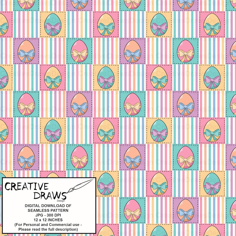 May include: A seamless pattern featuring pastel colored Easter eggs with bows on a striped background. The pattern is 12 inches by 12 inches and 300 DPI.