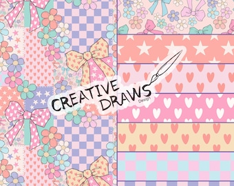 Coquette Patchwork Seamless Pattern Set, Floral Bow Digital Paper Pack