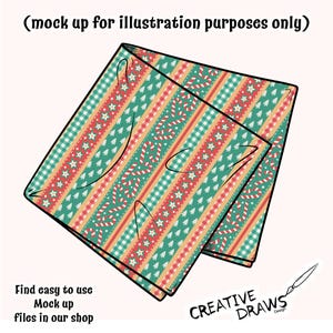 Op de afbeelding: Twee gevouwen kerstthema stoffen vierkanten met een feestelijk patroon van rode, groene en witte strepen, zuurstokken, sterren en kerstbomen. De tekst "(mock up for illustration purposes only)" staat bovenaan. De tekst "Find easy to use Mock up files in our shop" staat onderaan.
