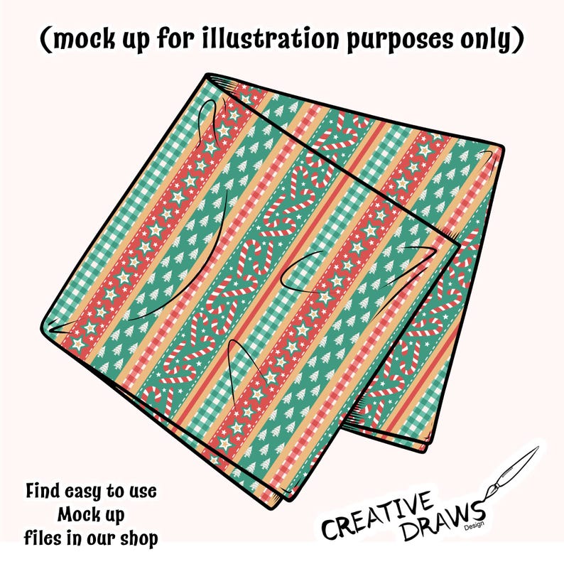 Op de afbeelding: Twee gevouwen kerstthema stoffen vierkanten met een feestelijk patroon van rode, groene en witte strepen, zuurstokken, sterren en kerstbomen. De tekst "(mock up for illustration purposes only)" staat bovenaan. De tekst "Find easy to use Mock up files in our shop" staat onderaan.