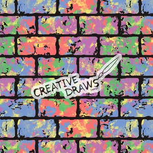 May include: A seamless pattern of colorful paint splatters on a black brick wall background. The text "CREATIVE DRAWS Design" is written in white on a white circle.