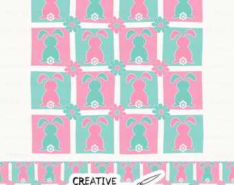 Bunny Floral Checker Sublimation PNG and Seamless Pattern Set, Easter Digital Download