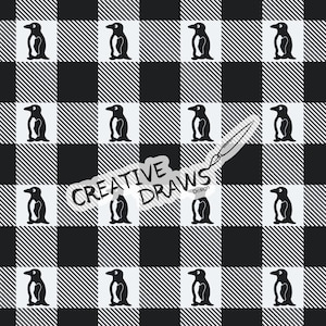 Op de afbeelding: Herhalend patroon van zwarte pinguïns op een zwart-witte geruite achtergrond. De afbeelding bevat de tekst "CREATIVE DRAWS Design" in een diagonale lettertype. De pinguïns zijn zwart met witte buiken.
