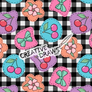 May include: A seamless pattern featuring various colourful patches with cherries, flowers, bows, and the text "CREATIVE DRAWS Design". The patches are on a black and white chequered background.