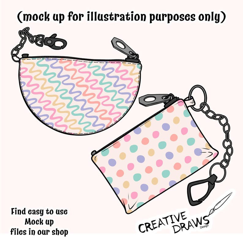 Pu&ograve; includere: Due pochette con cerniera e motivi diversi. Una pochette &egrave; a forma di semicerchio con un motivo ondulato e colorato. L'altra pochette &egrave; rettangolare con un motivo a pois rosa, blu e giallo. Entrambe le pochette hanno una cerniera e un anello metallico.