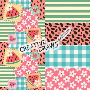 Pu&ograve; includere: Un colorato design patchwork con fette di anguria, toppe a forma di cuore e motivi floreali. Il design include strisce, quadretti e motivi a seme nei toni del rosa, verde e blu. &Egrave; presente anche il testo "CREATIVE DRAWS Design".