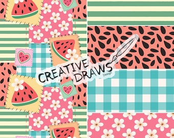 Watermelon Patchwork Seamless Pattern Pack, Summer Repeat Digital Paper