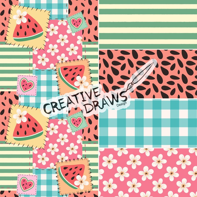Pu&ograve; includere: Un colorato design patchwork con fette di anguria, toppe a forma di cuore e motivi floreali. Il design include strisce, quadretti e motivi a seme nei toni del rosa, verde e blu. &Egrave; presente anche il testo "CREATIVE DRAWS Design".