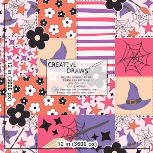 Peut inclure: Un motif num&eacute;rique sans couture avec un patchwork d'&eacute;l&eacute;ments sur le th&egrave;me d'Halloween. Le motif comprend des chapeaux de sorci&egrave;re, des &eacute;toiles, des toiles d'araign&eacute;es, des fleurs et le texte "CREATIVE DRAWS Design". Le motif mesure 30,48 cm x 30,48 cm.