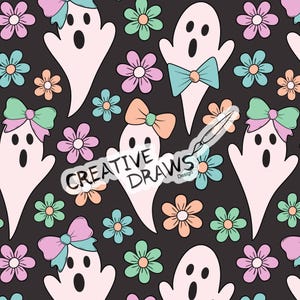 Floral Bow Ghosts Seamless Pattern, Halloween Digital Repeat Pattern for Personal and Commercial use