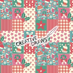 Cozy Christmas Patchwork Seamless Pattern, Holiday Repeat Digital Paper