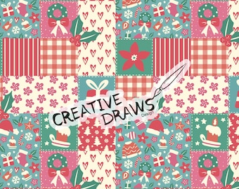 Cozy Christmas Patchwork Seamless Pattern, Holiday Repeat Digital Paper