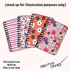 Puede incluir: Cuatro cuadernos con espiral con cubiertas coloridas. Los dise&ntilde;os incluyen rayas, sombreros de bruja, flores y patrones de patchwork. El texto "(mock up for illustration purposes only)" y "Find easy to use Mock up files in our shop" son visibles.