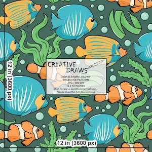 May include: A digital seamless pattern with cartoon fish in blue, orange, and white, with green seaweed and bubbles on a dark teal background. The pattern is 30.48 cm x 30.48 cm.