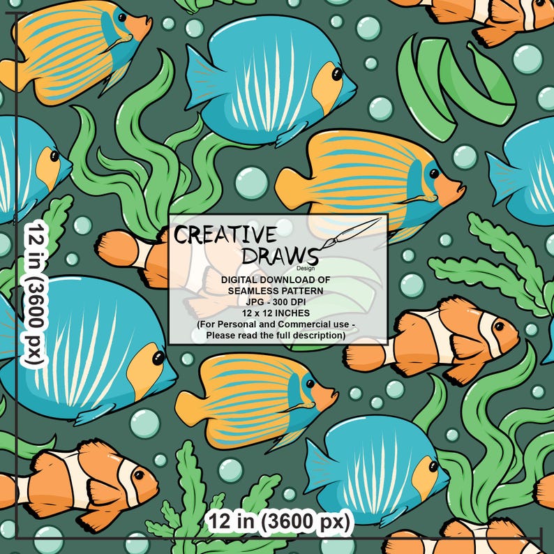 May include: A digital seamless pattern with cartoon fish in blue, orange, and white, with green seaweed and bubbles on a dark teal background. The pattern is 30.48 cm x 30.48 cm.