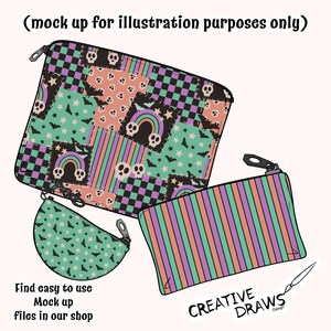 Puede incluir: Tres estuches con cremallera con dise&ntilde;os &uacute;nicos. Uno presenta un patr&oacute;n de patchwork con calaveras, murci&eacute;lagos y arco&iacute;ris. Otro tiene rayas verticales en tonos morado, naranja y verde. El tercero es un peque&ntilde;o estuche semicircular.