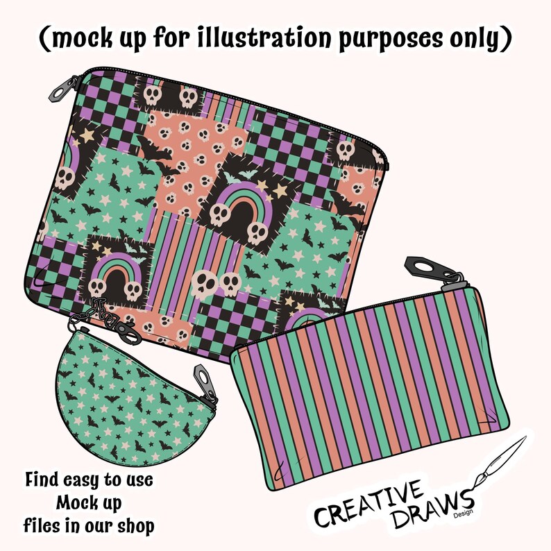 Puede incluir: Tres estuches con cremallera con dise&ntilde;os &uacute;nicos. Uno presenta un patr&oacute;n de patchwork con calaveras, murci&eacute;lagos y arco&iacute;ris. Otro tiene rayas verticales en tonos morado, naranja y verde. El tercero es un peque&ntilde;o estuche semicircular.