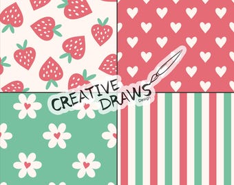 Conjunto de patrones sin costuras de fresas, paquete de papeles digitales con repetición de corazones florales