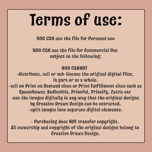 Op de afbeelding: Gebruiksvoorwaarden voor een digitaal bestand. Je kunt het bestand gebruiken voor persoonlijk of commercieel gebruik, maar je mag de originele digitale bestanden niet distribueren, verkopen of in sublicentie geven, verkopen op print-on-demand-sites, of de afbeeldingen digitaal gebruiken op een manier die de originele ontwerpen kan extraheren. Aankoop draagt ​​GEEN auteursrechten over. Alle eigendoms- en auteursrechten op de originele ontwerpen behoren toe aan Creative Draws Design.