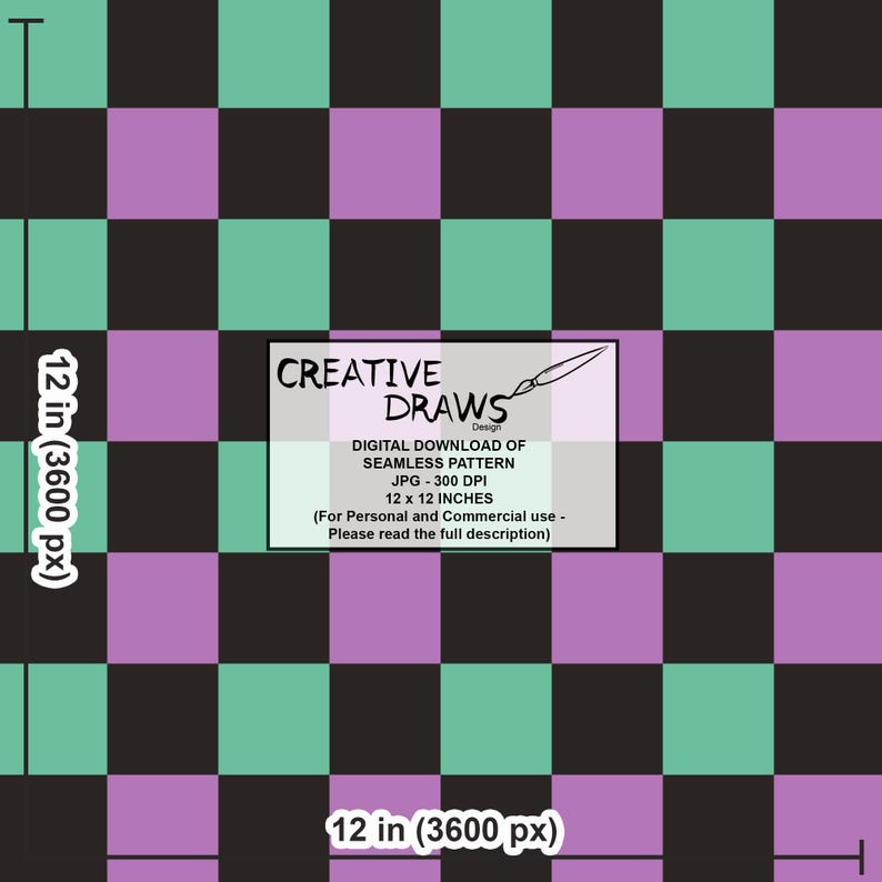 Puede incluir: Descarga digital de un patr&oacute;n sin costuras con un dise&ntilde;o de tablero de ajedrez. El patr&oacute;n incluye cuadrados en negro, verde azulado y lavanda. La imagen incluye el texto "CREATIVE DRAWS Design" y las dimensiones del patr&oacute;n de 30,48 x 30,48 cm.