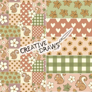 May include: A patchwork design featuring squares with squirrels, flowers, hearts, and leaves in shades of brown, pink, and green. The text "CREATIVE DRAWS Design" is overlaid on the image.