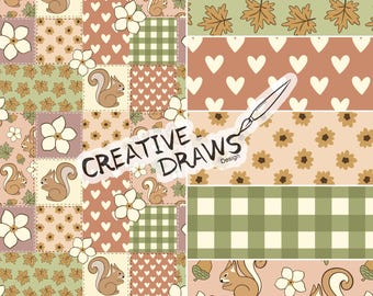 Eichhörnchen Herbst Patchwork Nahtlose Muster Pack, Herbst-Wiederholung Digitales Papier-Set