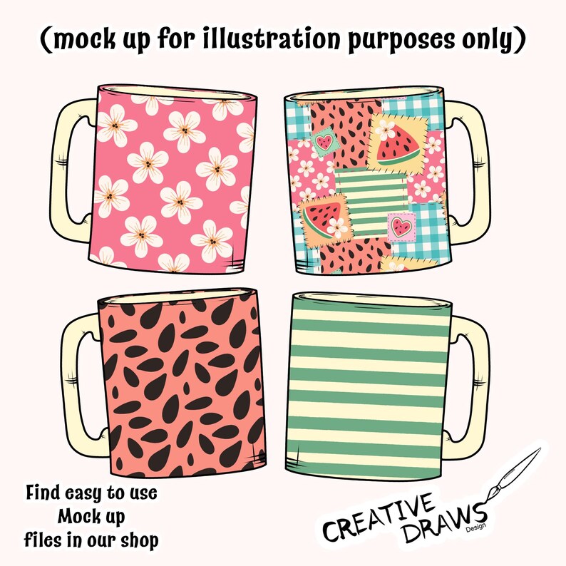 Pu&ograve; includere: Quattro tazze con diversi disegni. Una tazza ha uno sfondo rosa con fiori bianchi. Un'altra ha un design patchwork con fette di anguria. La terza ha uno sfondo color pesca con forme di semi neri e l'ultima ha strisce verdi e bianche. Testo: "(mock up for illustration purposes only)" e "Find easy to use Mock up files in our shop".
