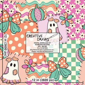 Op de afbeelding: Een digitaal naadloos patroon met een patchworkontwerp met spoken, pompoenen, bloemen, strikken en golvende lijnen in roze, oranje, groenblauw en cr&egrave;me. Een centraal wit vak bevat de tekst CREATIVE DRAWS DESIGN DIGITAL DOWNLOAD OF SEAMLESS PATTERN JPG 300 DPI 30,48 x 30,48 cm.