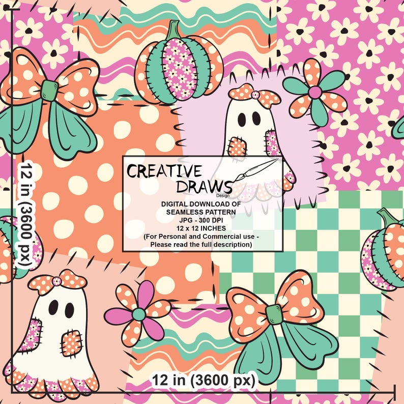 Op de afbeelding: Een digitaal naadloos patroon met een patchworkontwerp met spoken, pompoenen, bloemen, strikken en golvende lijnen in roze, oranje, groenblauw en cr&egrave;me. Een centraal wit vak bevat de tekst CREATIVE DRAWS DESIGN DIGITAL DOWNLOAD OF SEAMLESS PATTERN JPG 300 DPI 30,48 x 30,48 cm.
