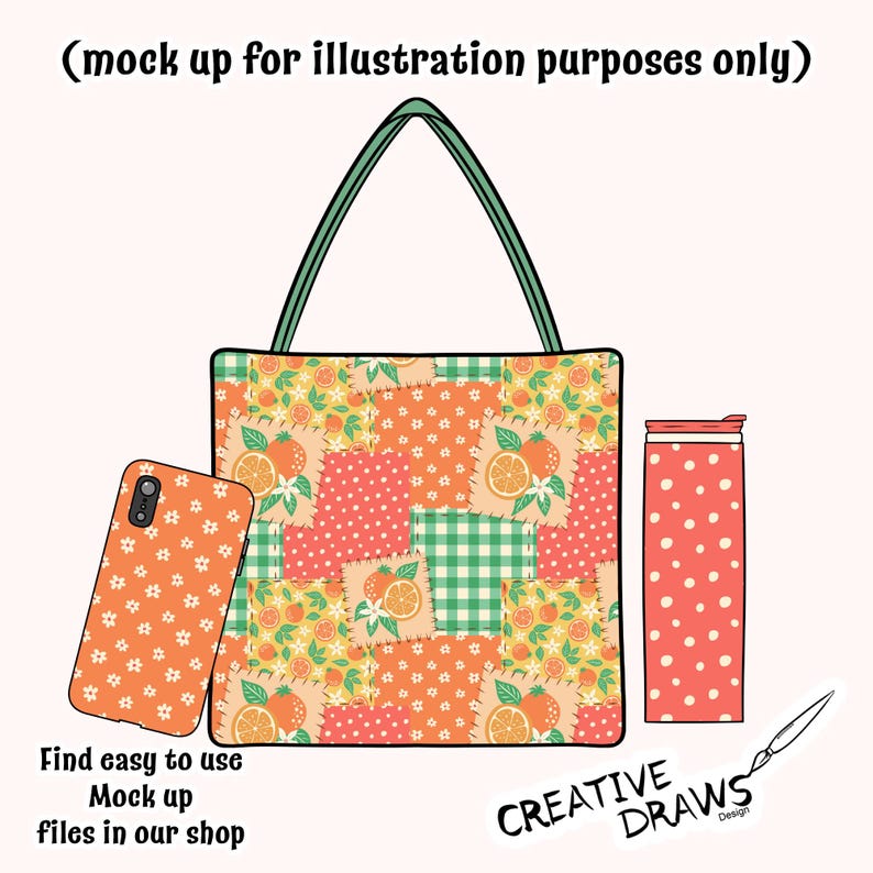 May include: A tote bag, phone case, and tumbler with an orange and floral patchwork design. The tote bag has a green handle. The phone case has a white floral pattern. The tumbler is coral with white polka dots. Text reads "Find easy to use Mock up files in our shop".