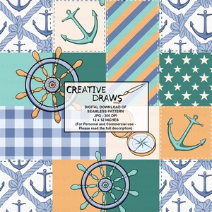 K&ouml;nnte beinhalten: Ein digitaler Download von nahtlosen Mustern im maritimen Stil mit den Ma&szlig;en 30,5 x 30,5 cm. Die Muster beinhalten Anker, Seile, Steuerr&auml;der, Sterne und Streifen in Blau, Gr&uuml;n, Orange und Wei&szlig;.