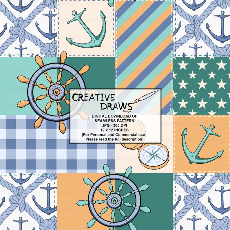 K&ouml;nnte beinhalten: Ein digitaler Download von nahtlosen Mustern im maritimen Stil mit den Ma&szlig;en 30,5 x 30,5 cm. Die Muster beinhalten Anker, Seile, Steuerr&auml;der, Sterne und Streifen in Blau, Gr&uuml;n, Orange und Wei&szlig;.