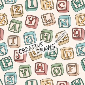 May include: A seamless pattern of colorful alphabet blocks with a white background. The blocks are arranged in a random pattern and feature a variety of colors, including red, blue, green, yellow, and brown.