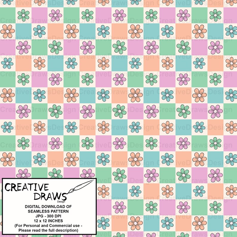 Floral Checker Seamless Pattern, Pastel Seamless File Digital Download ...