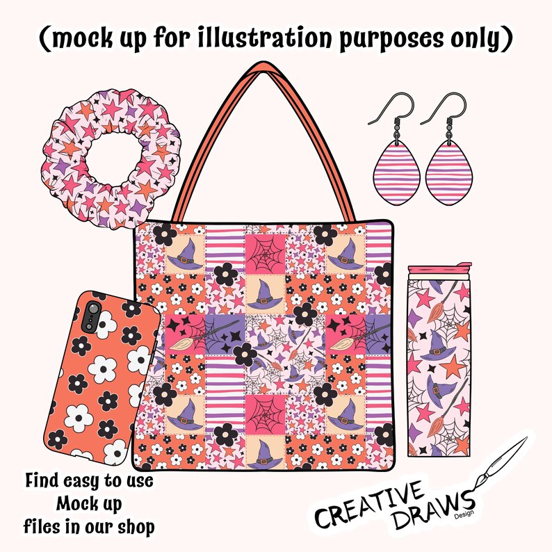 Puede incluir: Colecci&oacute;n de accesorios con tem&aacute;tica de Halloween, que incluye un bolso tote, una funda para tel&eacute;fono, pendientes, una goma para el pelo y un vaso. Los art&iacute;culos presentan un dise&ntilde;o de patchwork con sombreros de bruja, telara&ntilde;as y estrellas en naranja, rosa y morado.